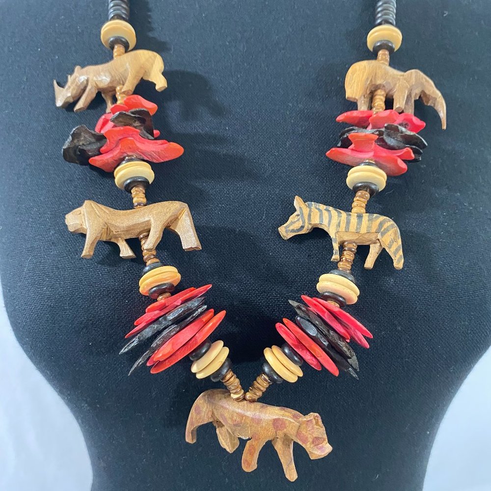 Vintage Wood Hand Carved 16" Long African Safari Necklace Black Brown Orange EUC